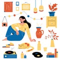 Relaxing home weekend. Girl with cozy things, lazy weekend, young woman rests, room objects, cat and plants, vinyl