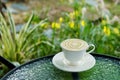 Relaxing with hot cappuccino coffee Serve in white cup in garden Royalty Free Stock Photo