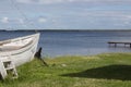 Relaxing Landscape Calm Lagoon Green grass and blue sky with white clouds Royalty Free Stock Photo