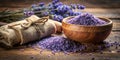 Relaxing lavender spa treatment with aromatic salts and herbal bundle. Generative AI Royalty Free Stock Photo
