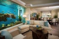 relaxing living room with aquarium and reading nook, providing a peaceful escape