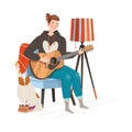 Relaxing Man Sitting in Armchair and Playing Guitar at Home Vector Illustration