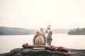 Relaxing moment Asian boy backpacker in nature