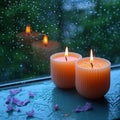 Relaxing moments aroma candles flame glows near a rain drenched window