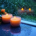 Relaxing moments aroma candles flame glows near a rain drenched window