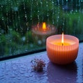 Relaxing moments aroma candles flame glows near a rain drenched window