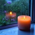 Relaxing moments aroma candles flame glows near a rain drenched window