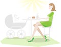 Relaxing mother in coffee with baby stroller