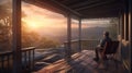 Relaxing in Nature\'s Splendor, A Man Admiring a Sunset on a Mountain Porch Royalty Free Stock Photo