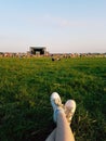 Relaxing at open air music festival in Ukraine. Traditional celebration with famous music groups performing on stage. Listening to