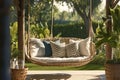 Relaxing outdoor ambiance swing embellished with pillows and wicker baskets