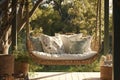 Relaxing outdoor ambiance swing embellished with pillows and wicker baskets