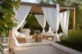 relaxing outdoor area with canopy, rocking chairs, and lanterns for a tranquil escape