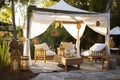 relaxing outdoor area with canopy, rocking chairs, and lanterns for a tranquil escape