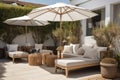 relaxing outdoor seating area with sun loungers, parasols and cool drinks