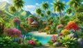 Relaxing of a paradise landscape for meditation of a tropical oasis, exotic plants, sea water, boat