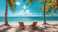 Relaxing in Paradise: Tropical Beach Chairs and Palm Trees on Coral Sand with Blue Ocean - Perfect for Summer Vacation! Royalty Free Stock Photo