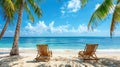 Relaxing in Paradise: Tropical Beach Chairs and Palm Trees on Coral Sand with Blue Ocean - Perfect for Summer Vacation! Royalty Free Stock Photo