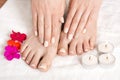 Relaxing Manicure and Pedicure: Serene Beauty with Red Flowers and Candles Royalty Free Stock Photo