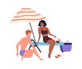 Relaxing people, romantic couple or friends sunbathing. Woman and man talking, making acquaintance on beach. Summer Royalty Free Stock Photo