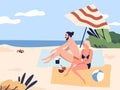 Relaxing people at seashore, couple sunbathing on beach. Woman and man sit, talk, chill. Lounge time at the seaside Royalty Free Stock Photo