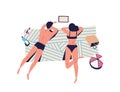 Relaxing people, sunbathing couple on beach blanket. Woman, man watching movie, video on tablet, spend time together Royalty Free Stock Photo