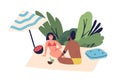 Relaxing people, sunbathing couple on beach. Woman and man sitting, talking, chilling, lounge time. Summer vacation