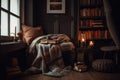 relaxing reading nook, with plush blankets and cushions, and a stack of books