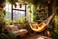 A relaxing room adorned with a hammock and various potted plants, A sunny room filled with succulents and plants with a hammock in Royalty Free Stock Photo