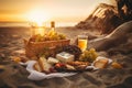 Relaxing Sands and Sips: Summer Picnic at Sunset on the Beach with White Wine Royalty Free Stock Photo