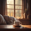 Relaxing scene Mug with hot tea in a cozy living room