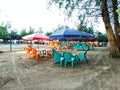 relaxing seating with umbrellas on the beach