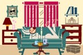 Relaxing in sofa at home on holiday with teas illustration image Royalty Free Stock Photo