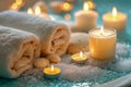 Relaxing Spa Day Essentials with Candles, Towels, and Bath Salts on a Serene Blue Background Royalty Free Stock Photo