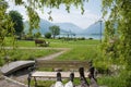 Relaxing at spa garden Schliersee with alps view Royalty Free Stock Photo