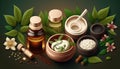 Relaxing spa scene with herbal aromatherapy, massage, and organic beauty products on green background. Generative ai