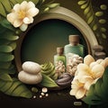 Relaxing spa scene with herbal aromatherapy, massage, and organic beauty products on green background. Generative ai