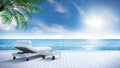 Relaxing summer,daybed on Sunbathing deck and private swimming pool with near beach and panoramic sea view at luxury house /3d ren Royalty Free Stock Photo