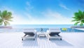 Relaxing summer,daybeds on Sunbathing deck and private swimming pool with near beach and panoramic sea view at luxury house /3d re Royalty Free Stock Photo