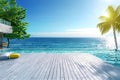 Relaxing summer, Sunbathing deck and private swimming pool with near beach and panoramic sea view at luxury house 3d rendering. Royalty Free Stock Photo