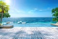 Relaxing summer, Sunbathing deck and private swimming pool with near beach and panoramic sea view at luxury house 3d rendering. Royalty Free Stock Photo