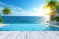 Relaxing summer, Sunbathing deck and private swimming pool with near beach and panoramic sea view at luxury house 3d rendering. Royalty Free Stock Photo