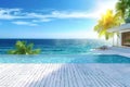 Relaxing summer, Sunbathing deck and private swimming pool with near beach and panoramic sea view at luxury house 3d rendering. Royalty Free Stock Photo