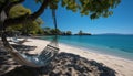 Relaxing summer vacations blue water, sandy beach, tranquil tree generated by AI Royalty Free Stock Photo