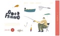 Relaxing Summertime Hobby Landing Page Template. Fisherman Character Sitting on Chair with Rod on Coast Have Good Catch Royalty Free Stock Photo