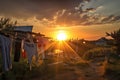 relaxing sunset with clotheslines and drying laundry