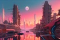 relaxing sunset view of futuristic pink city, with towering buildings and flying cars visible