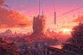 relaxing sunset view of futuristic pink city, with towering buildings and flying cars visible