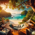 a relaxing swing hammock at tropical landscape with crystal water background and lush vegetation. Royalty Free Stock Photo