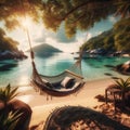 a relaxing swing hammock at tropical landscape with crystal water background and lush vegetation. Royalty Free Stock Photo